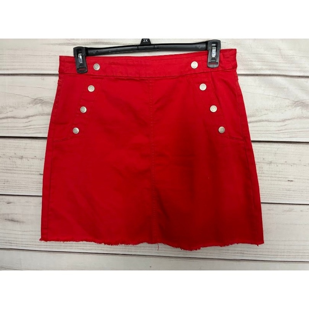 Tribal Jeans Red Sailor Denim Mini Skirt Frayed Hem Sz 12 Nautical Button Front